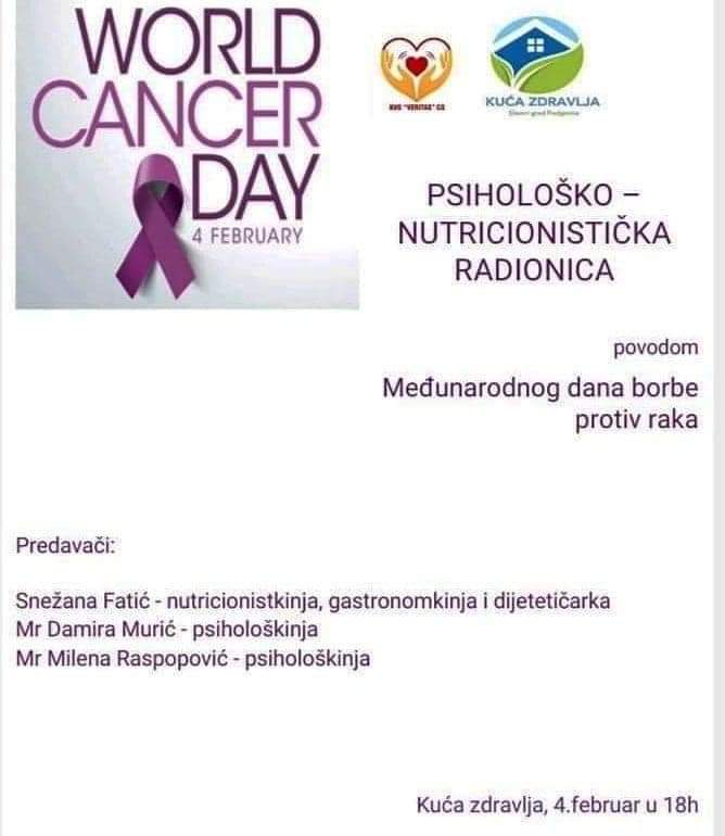 Svjetski dan borbe protiv raka; Nutricionističko - psihološka radionica u petak u Kući zdravlja