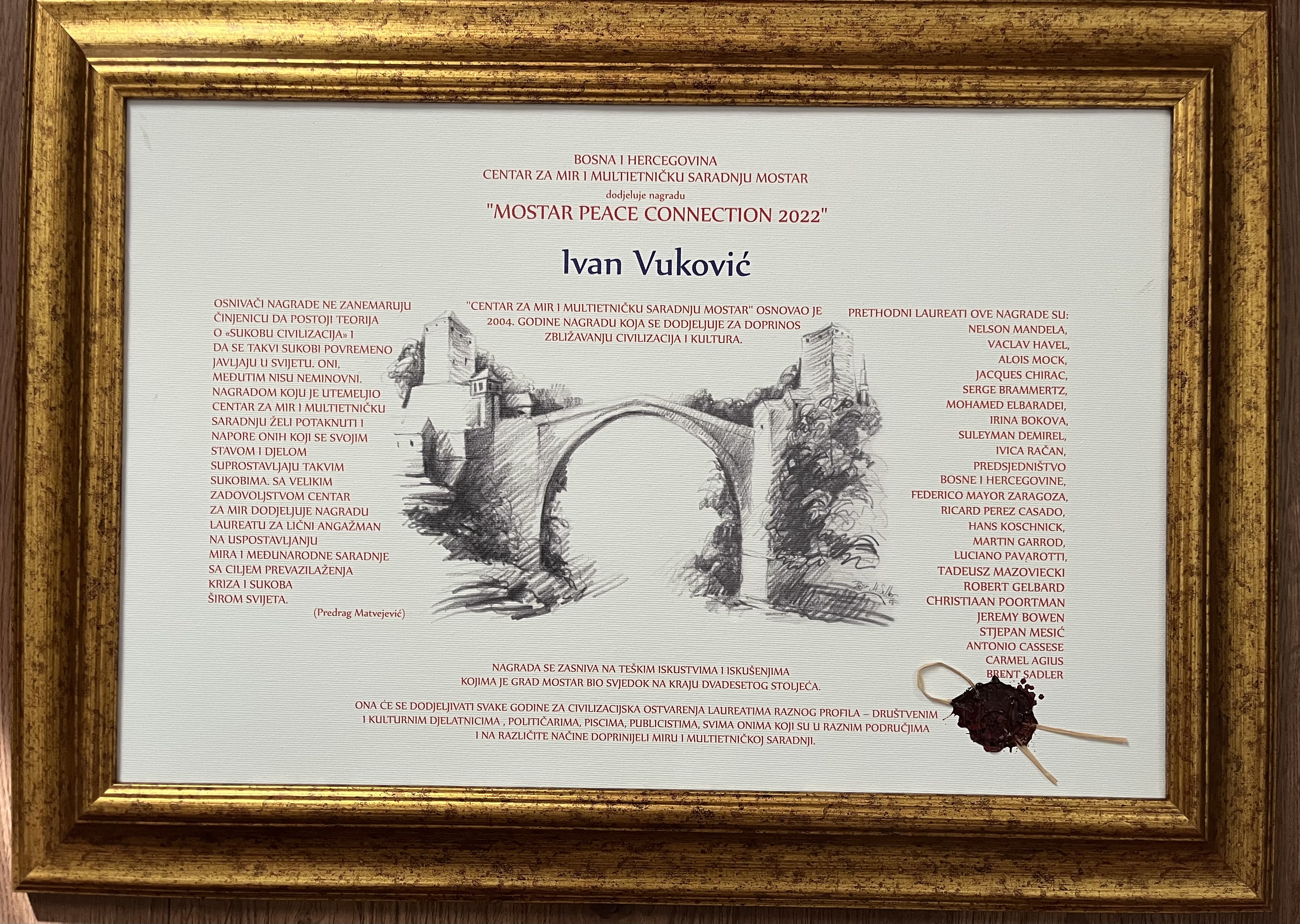 Dr Ivan Vuković dobitnik Nagrade za mir “Mostar Peace Connection 2022”