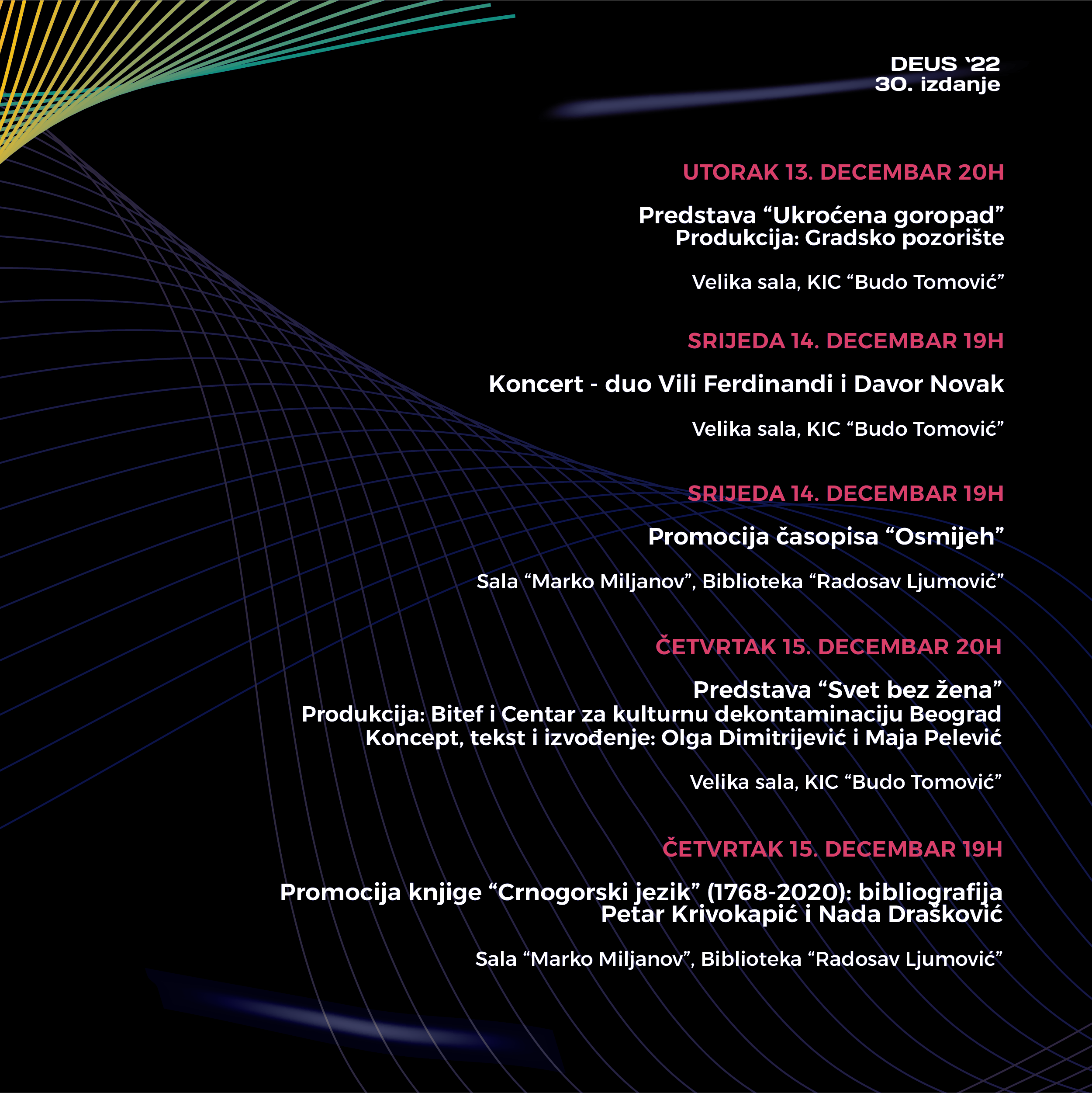 Počinje jubilarno 30.izdanje DEUS-a;  Bogat kulturni program u Podgorici do kraja mjeseca